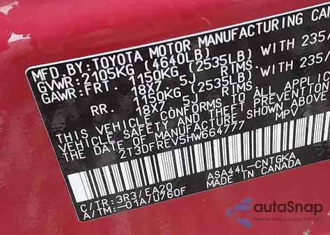 2017 Toyota Rav4 Limited из США, поврежденный, VIN 2T3DFREV5HW664777